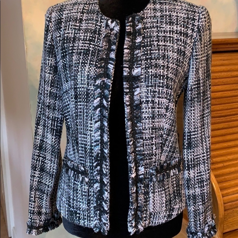 SPENSER JEREMY black and white tweed jacket with fringe trim new without tags